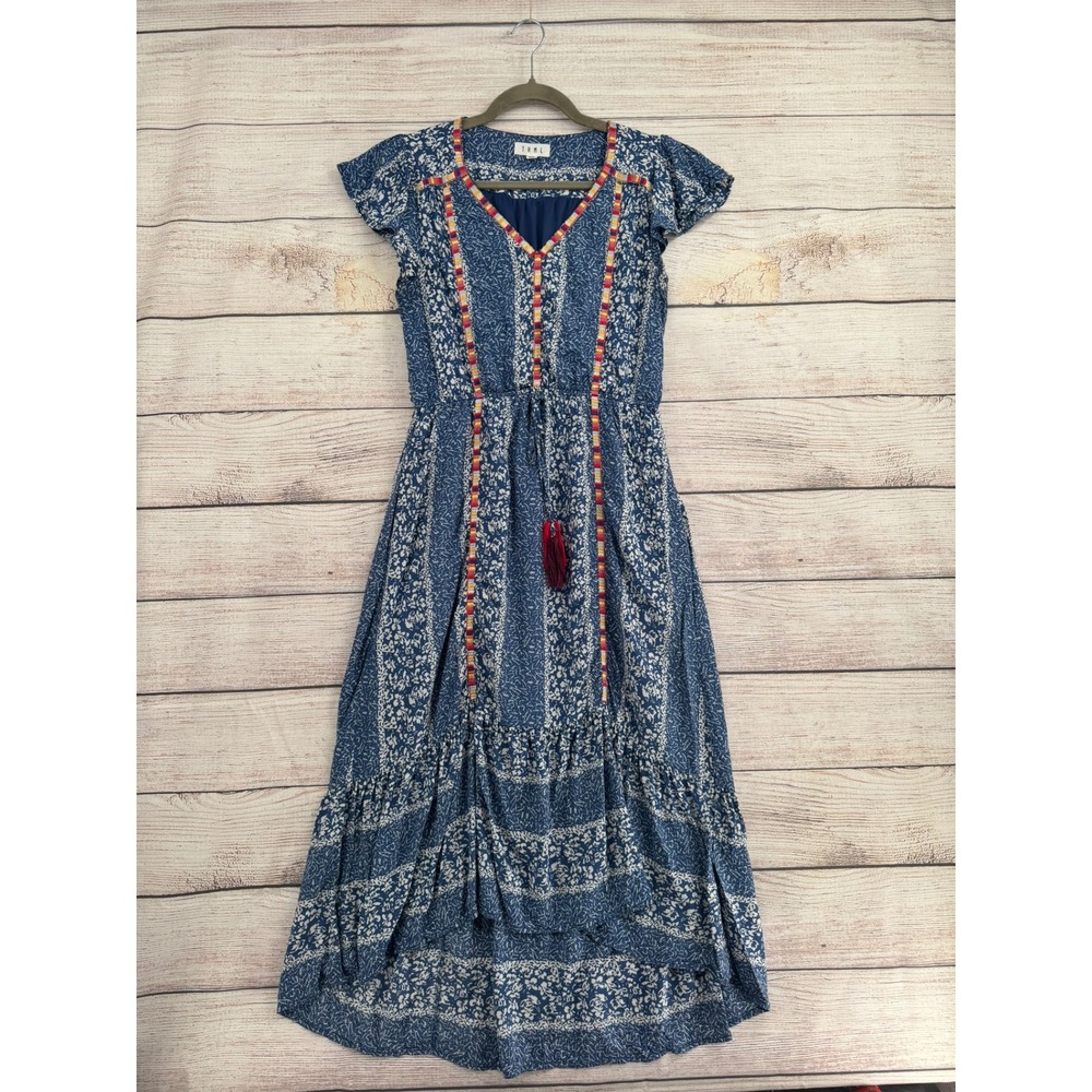 THML High-Low Dress Women Medium Blue Floral Boho Embroidered Tassel TM4883-1-BL